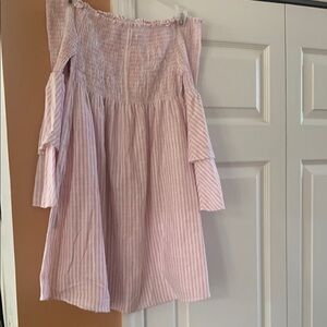 Charming Smocked Pink Striped Off-Shoulder  Dress
